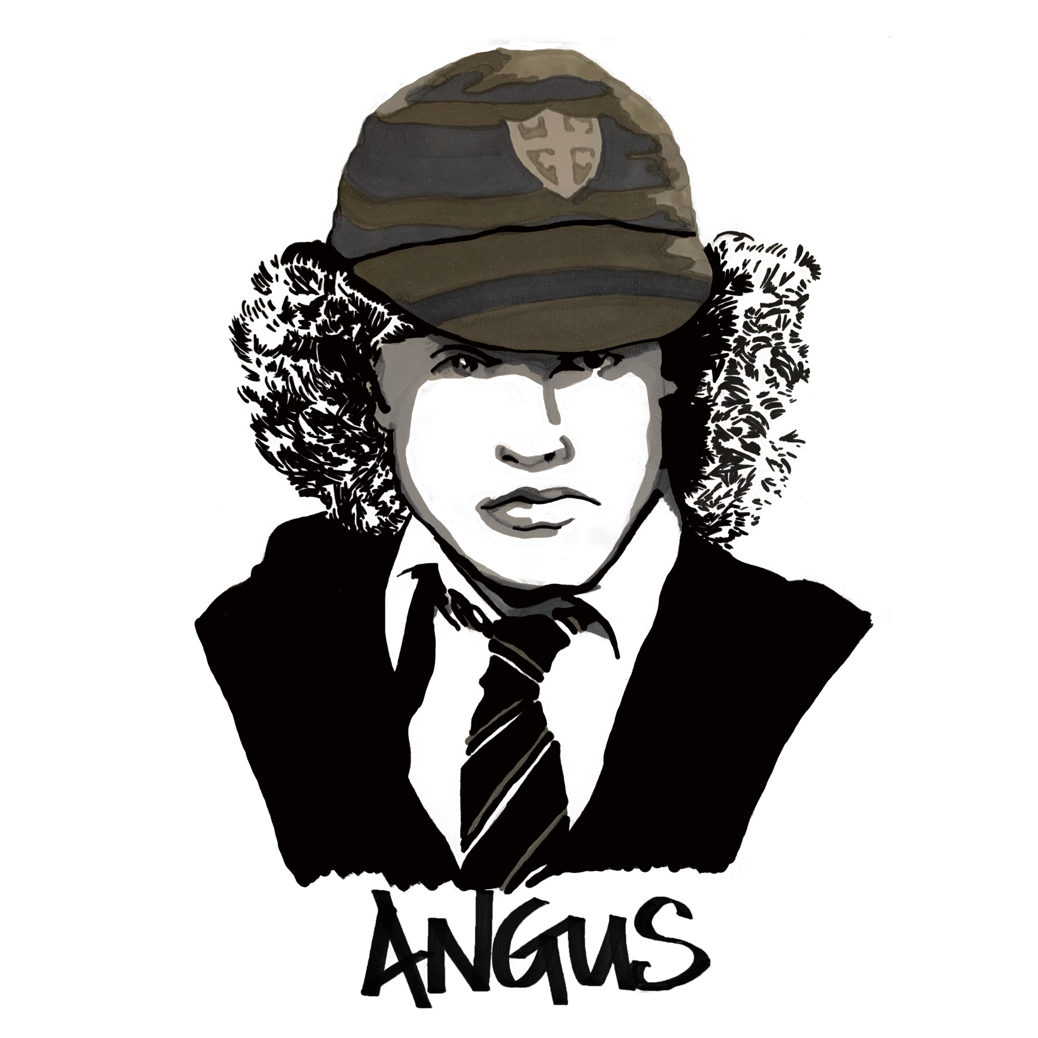 ©High Tees.  Original drawing of Angus Young. 