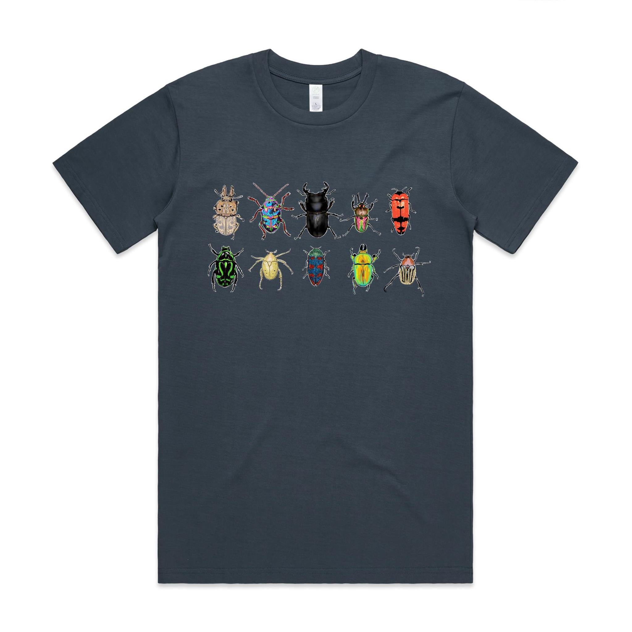 Hand drawn design of Australian beetles printed 100% organic cotton unisex t shirt