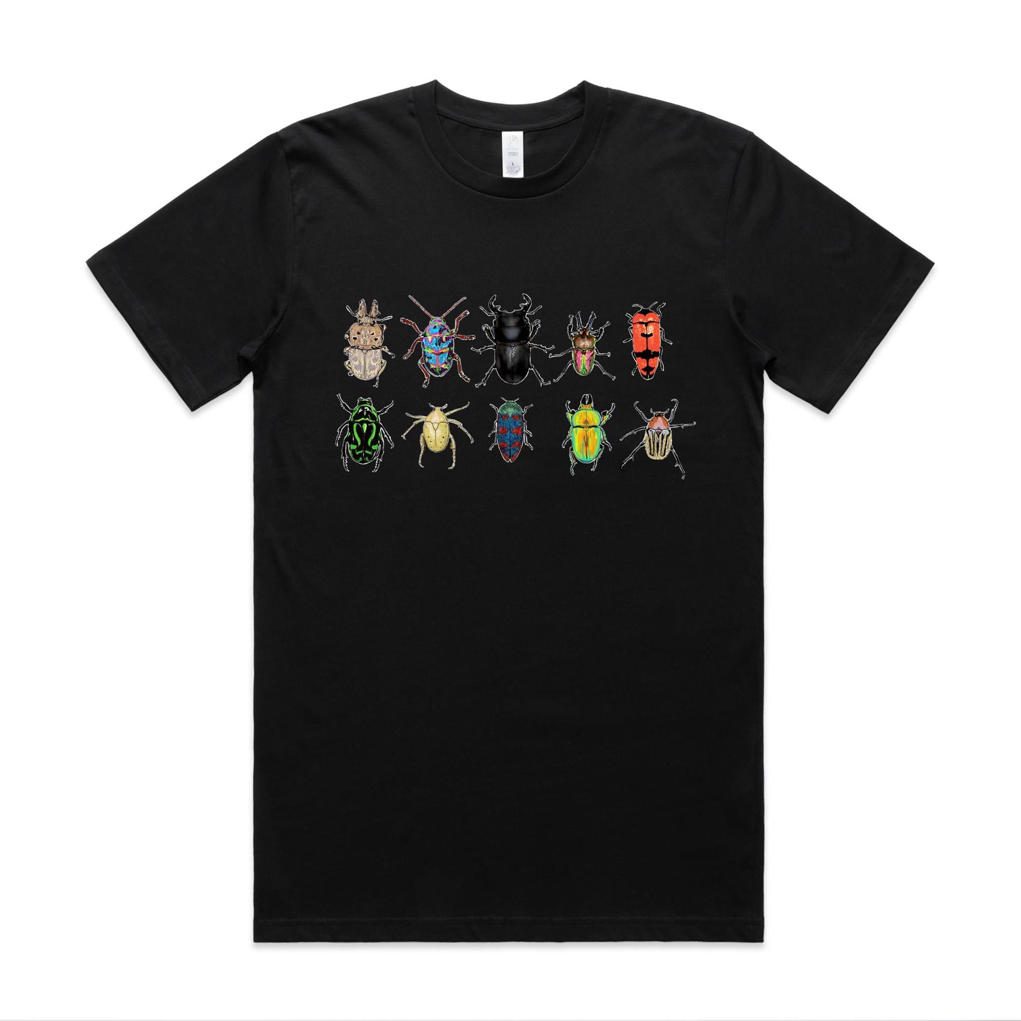 Hand drawn design of Australian beetles printed 100% organic cotton unisex t shirt