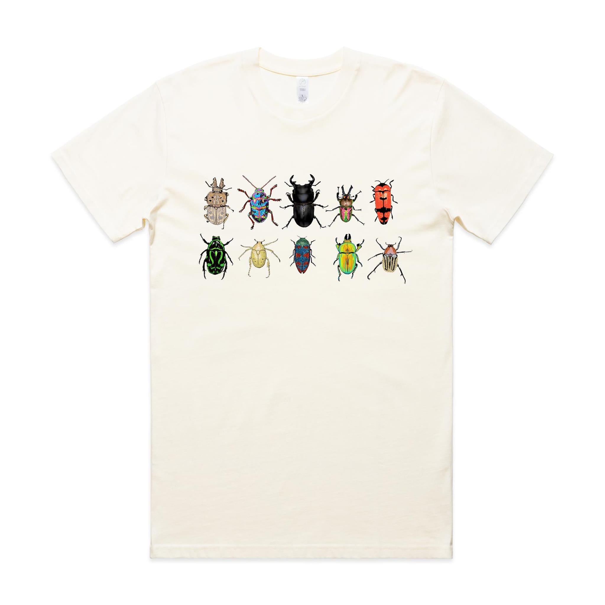 Hand drawn design of Australian beetles printed 100% organic cotton unisex t shirt