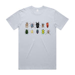 Hand drawn design of Australian beetles printed 100% organic cotton unisex t shirt.