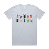 Hand drawn design of Australian beetles printed 100% organic cotton unisex t shirt.