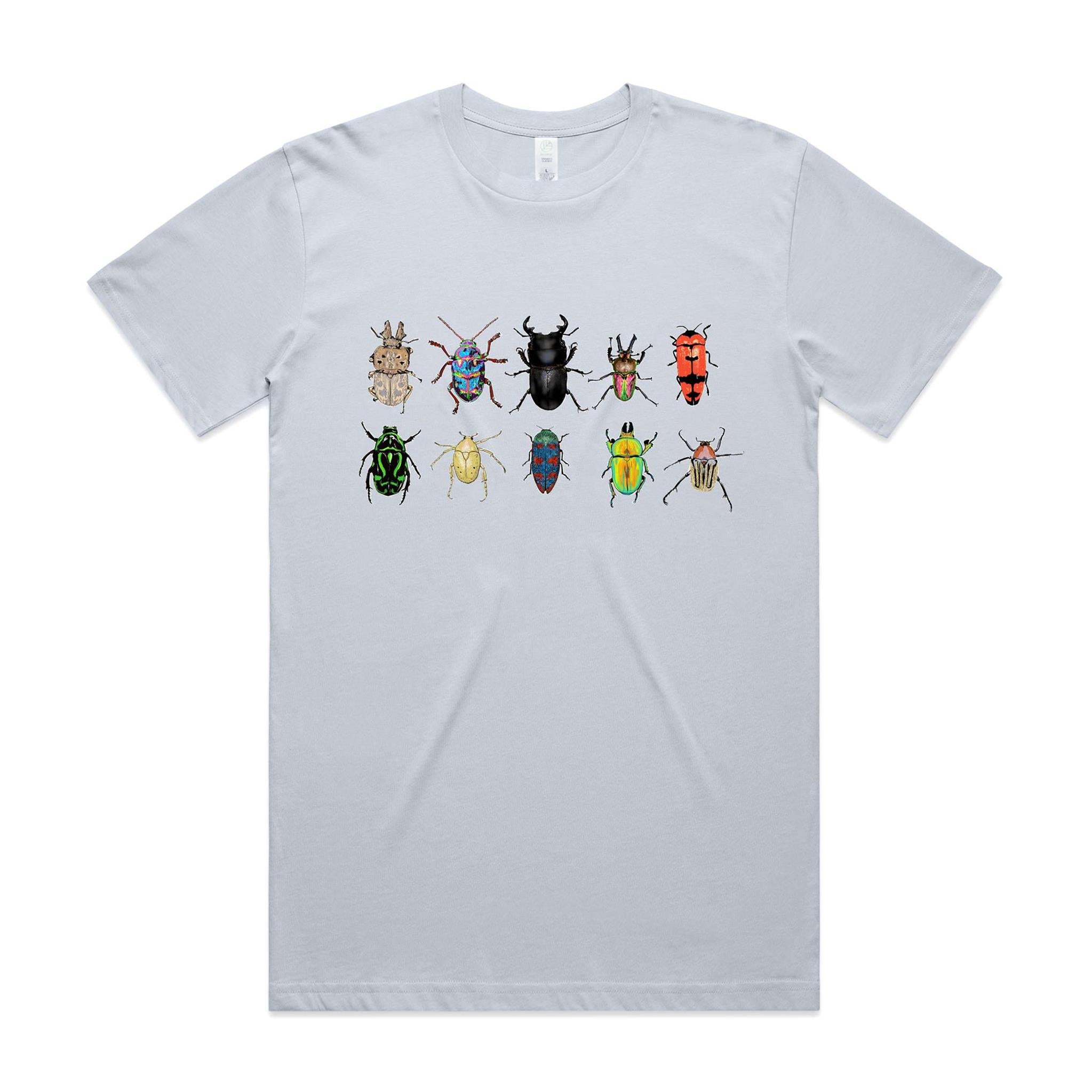 Hand drawn design of Australian beetles printed 100% organic cotton unisex t shirt.