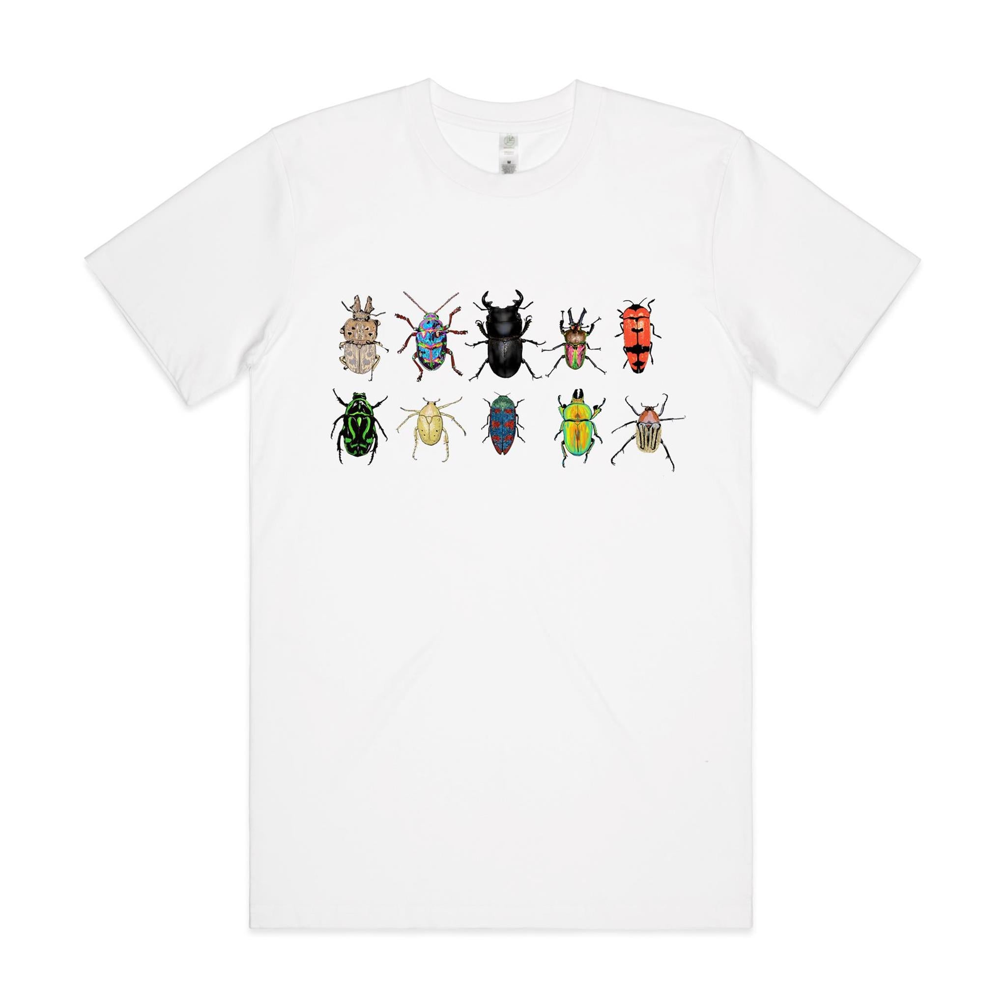 Hand drawn design of Australian beetles printed 100% organic cotton unisex t shirt