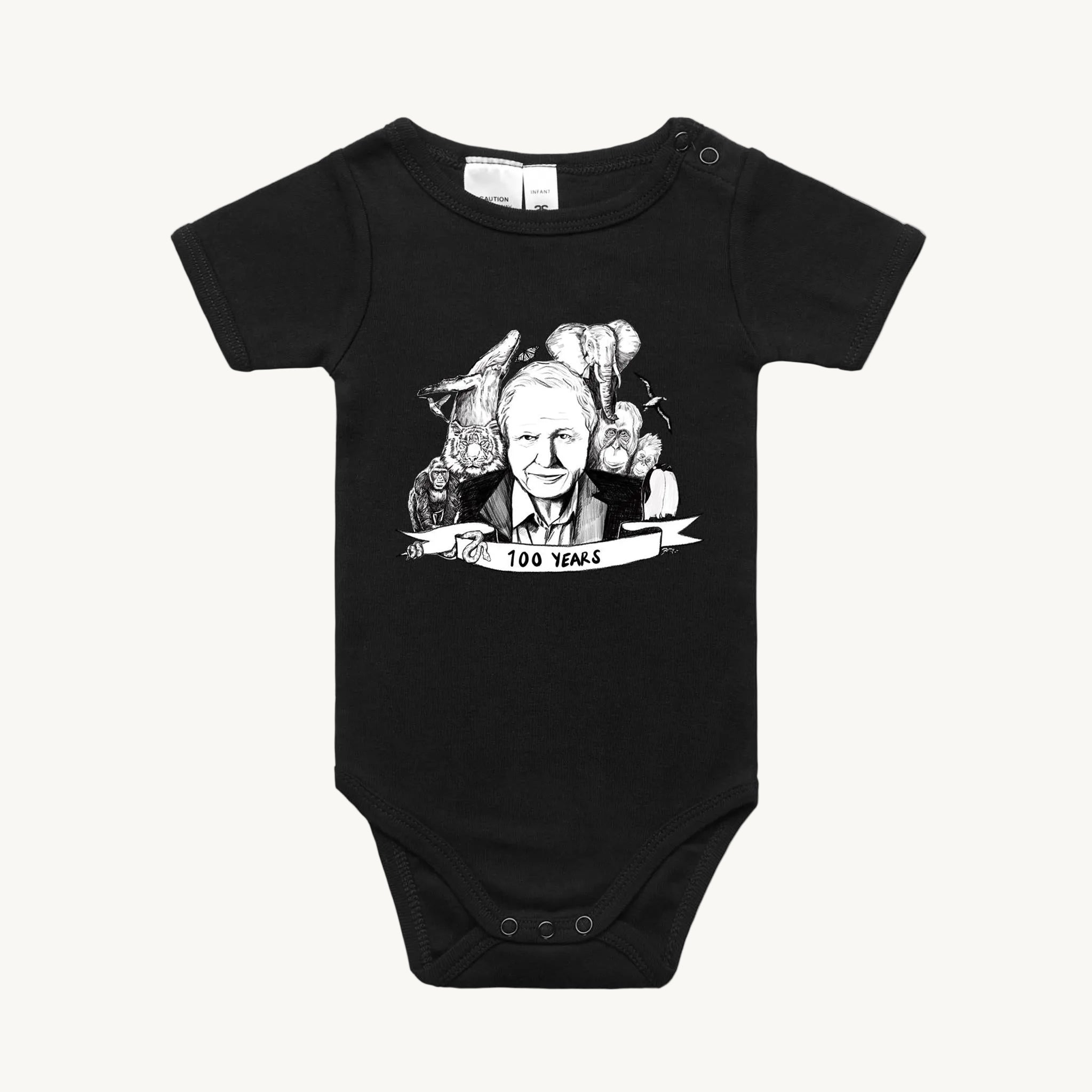 David Attenborough 100 Years Baby Onesie Black by High Tees