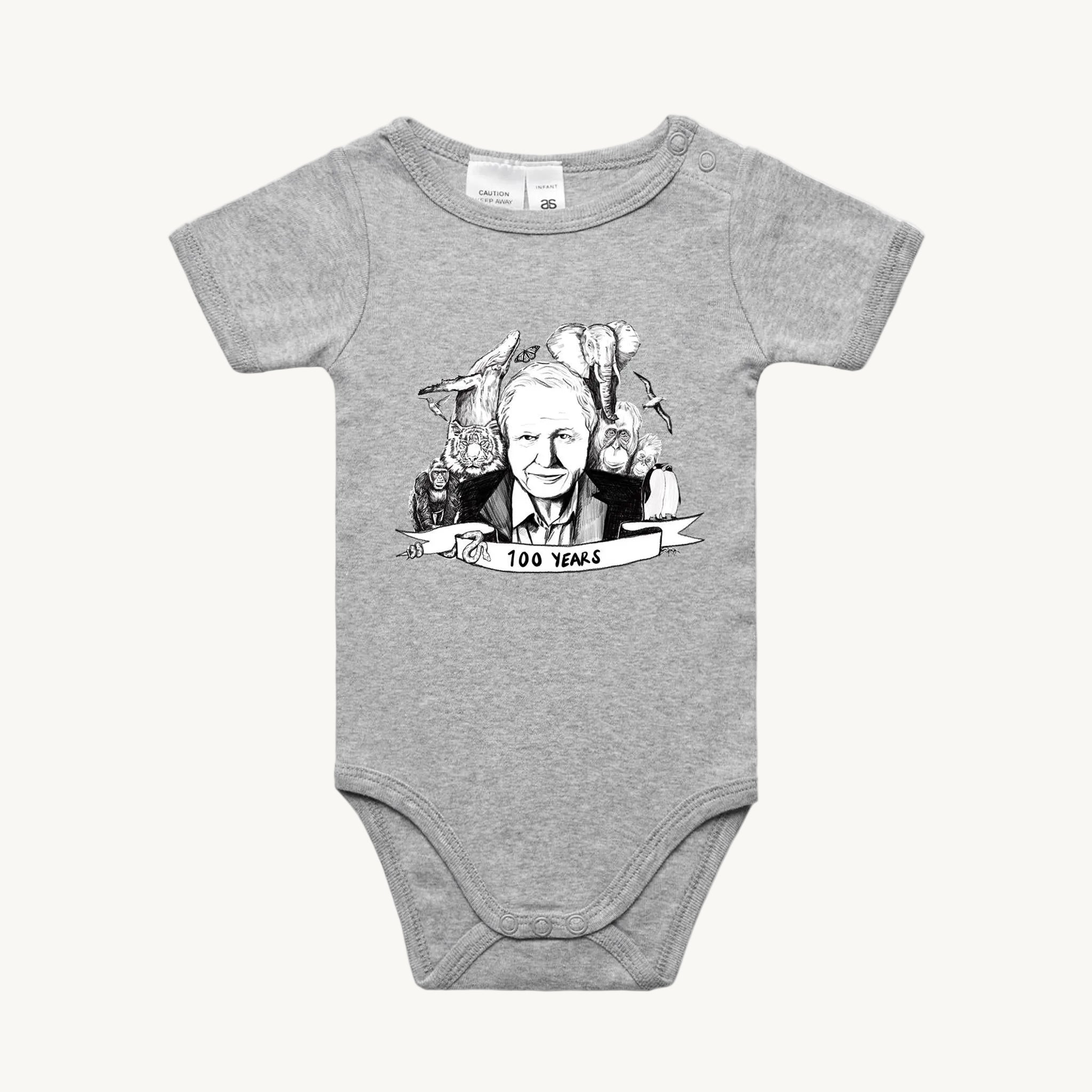 David Attenborough 100 Years Baby Onesie Grey by High Tees
