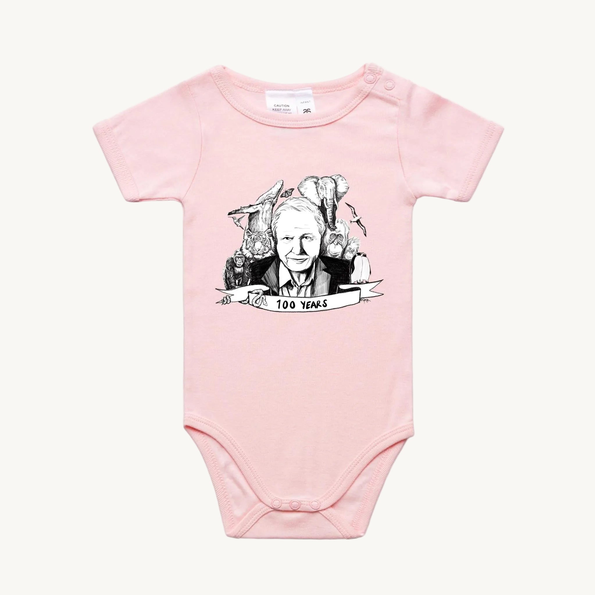 David Attenborough 100 Years Baby Onesie Pink by High Tees