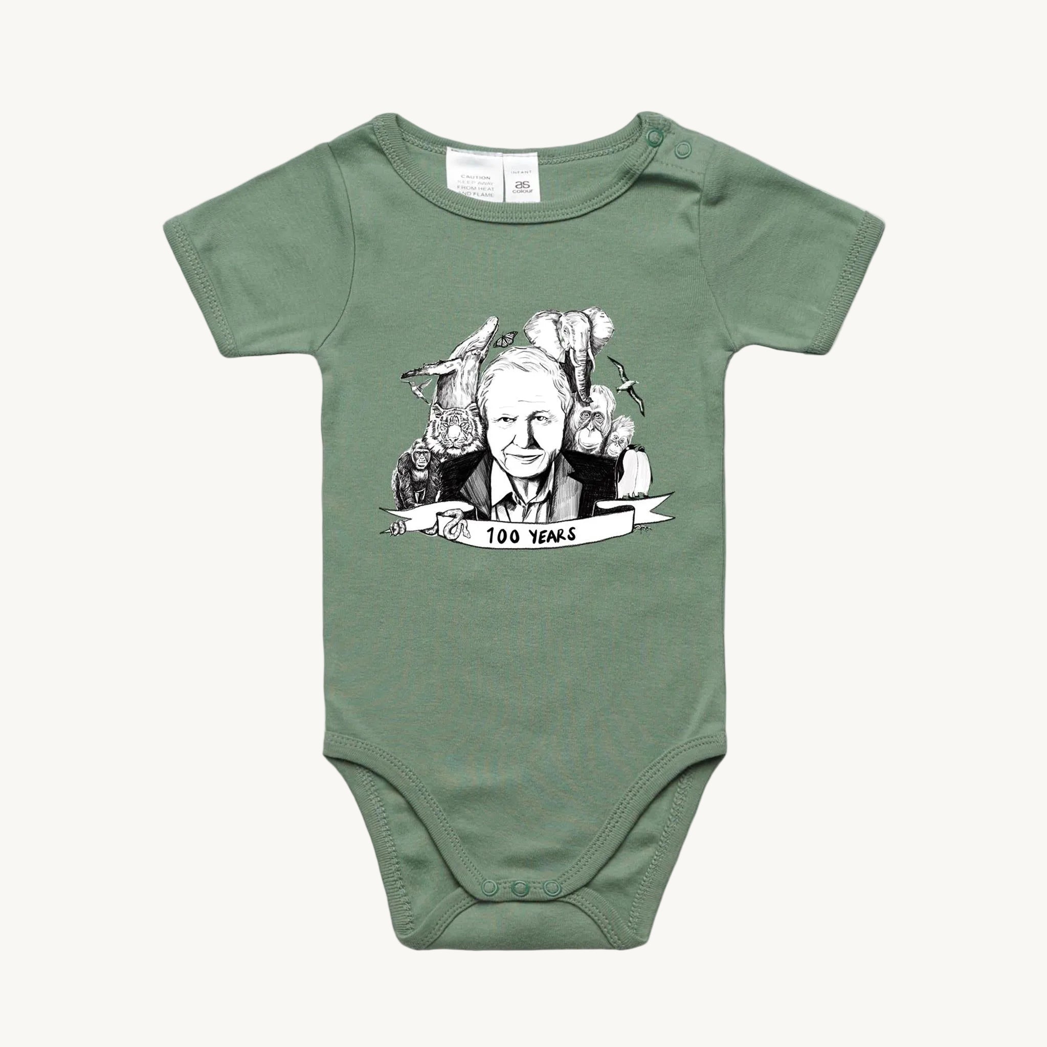 David Attenborough 100 Years Baby Onesie Sage by High Tees