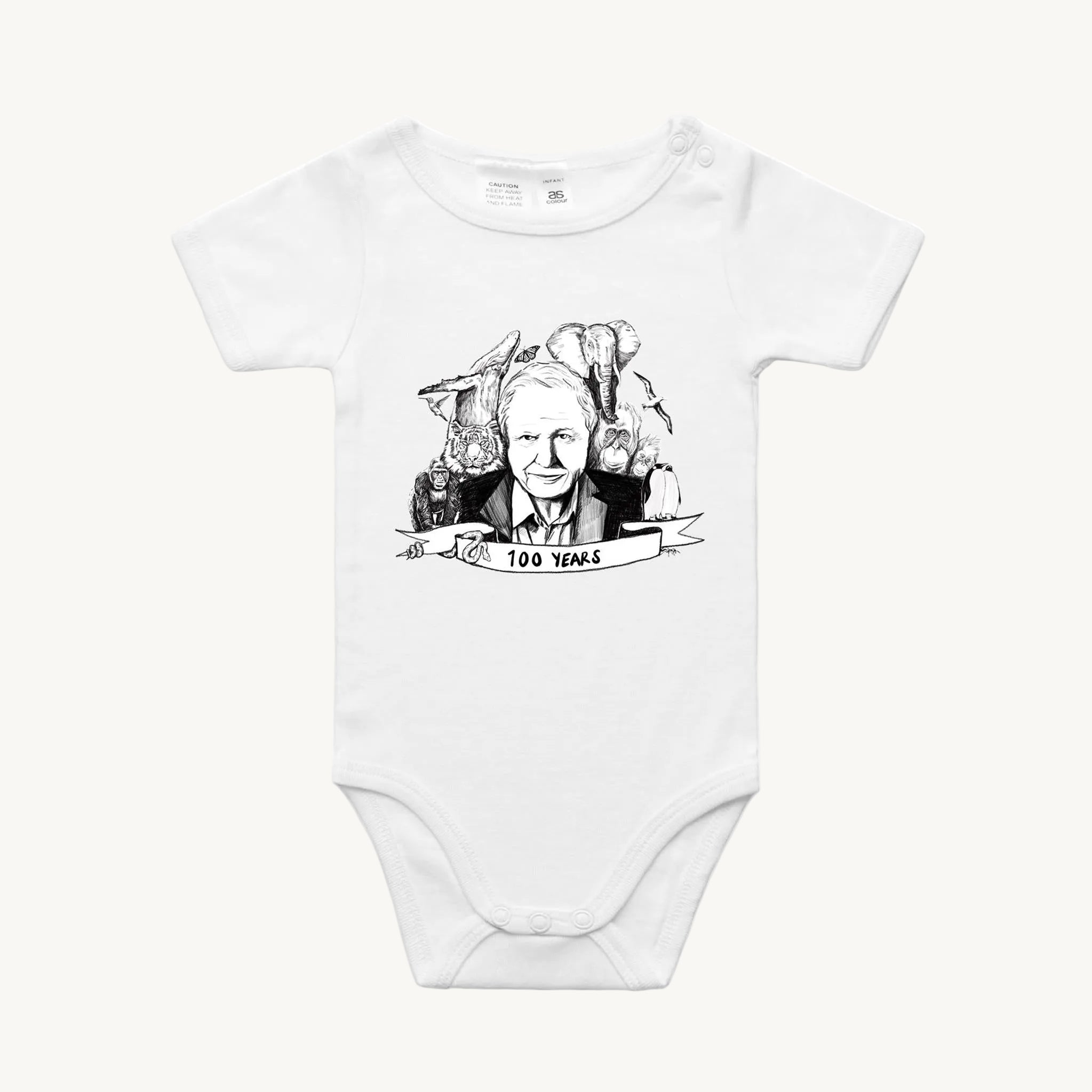 David Attenborough 100 Years Baby Onesie White by High Tees