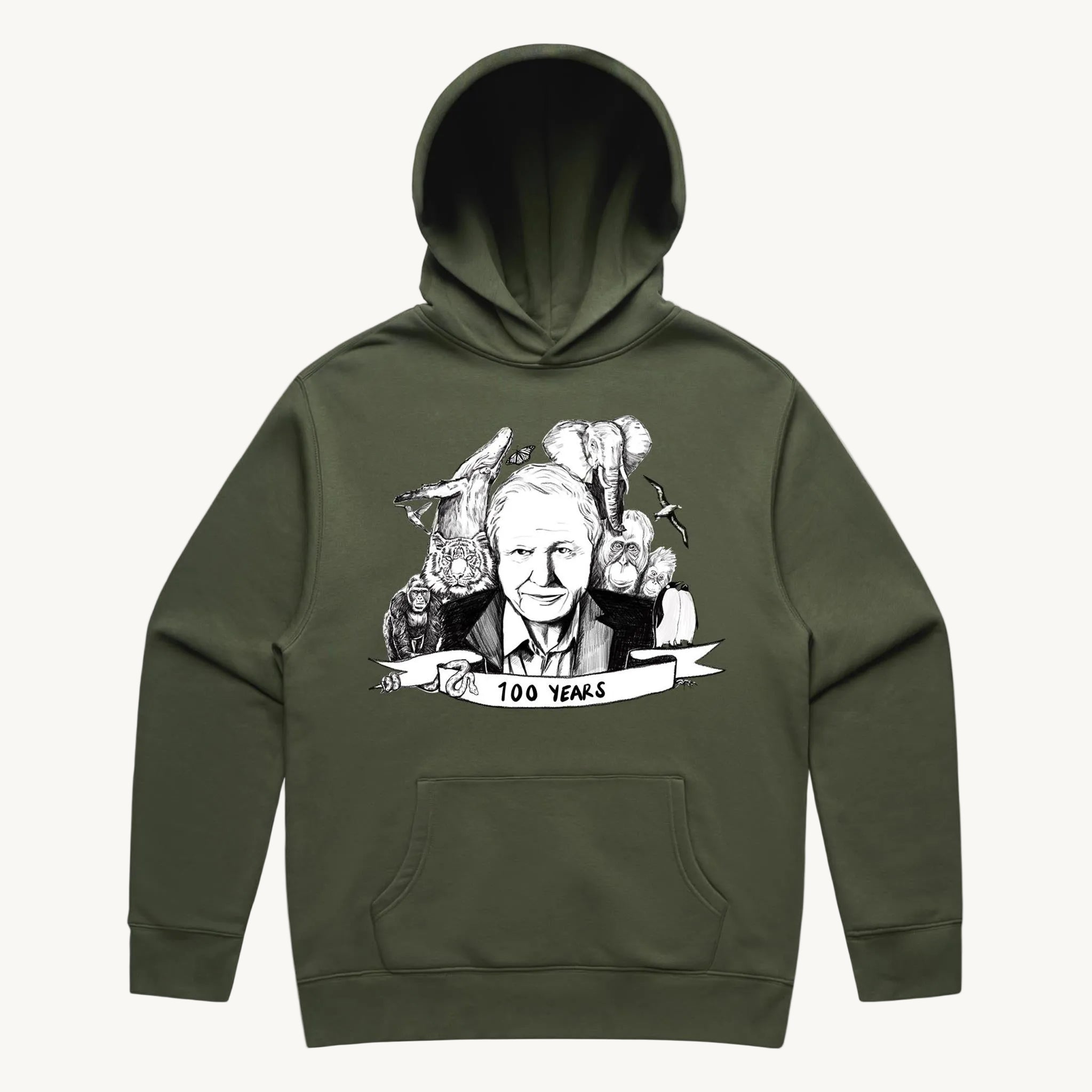 David Attenborough 100 Years Hoodie Army by High Tees