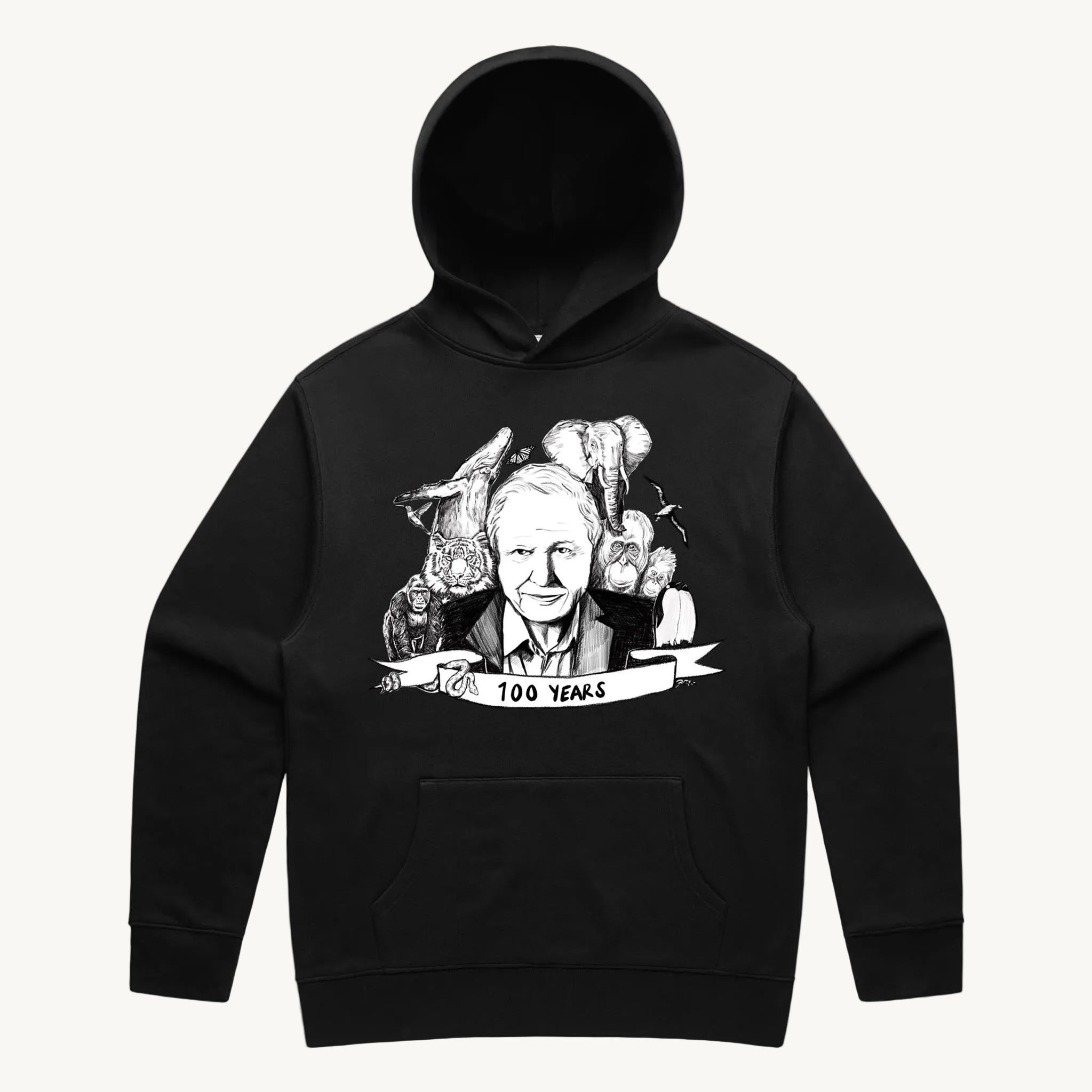 David Attenborough 100 Years Hoodie Black by High Tees