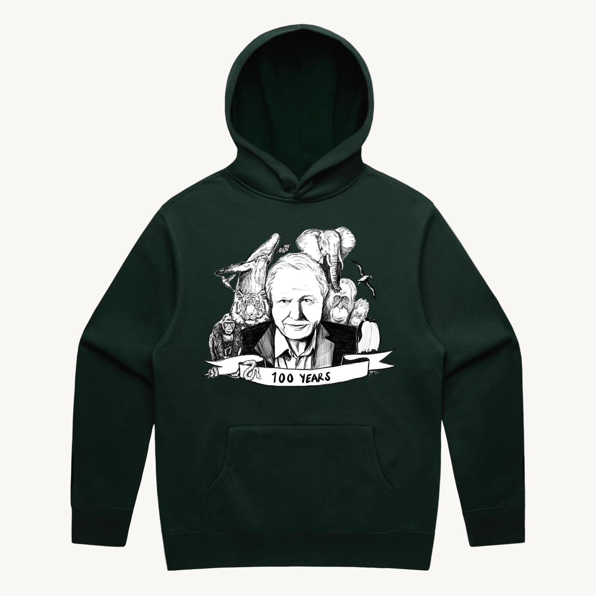 David Attenborough 100 Years Hoodie Pine by High Tees