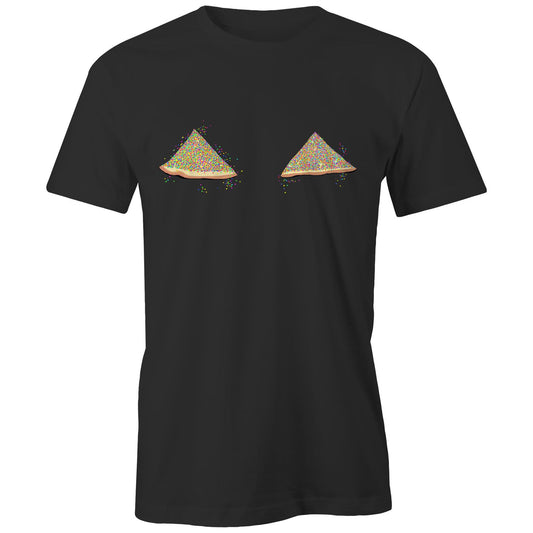 Black unisex T shirt with a digital print of fairy bread. 
