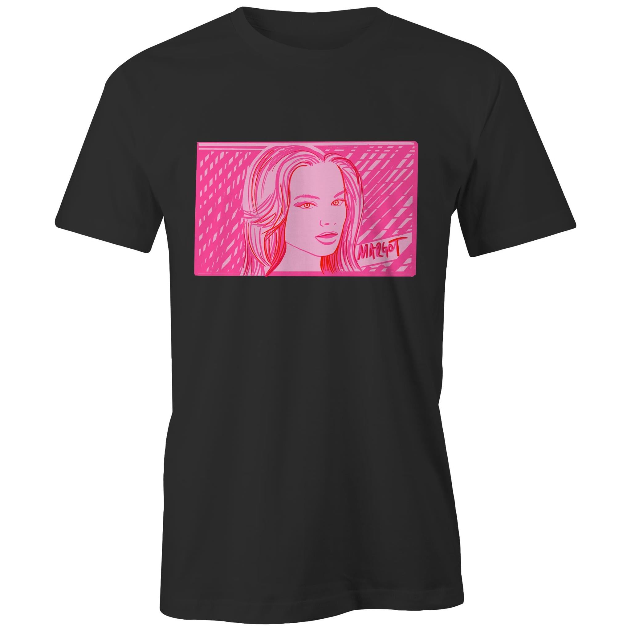 Margot Robbie Pink Black T shirt. High tees Australia. ©High Tees