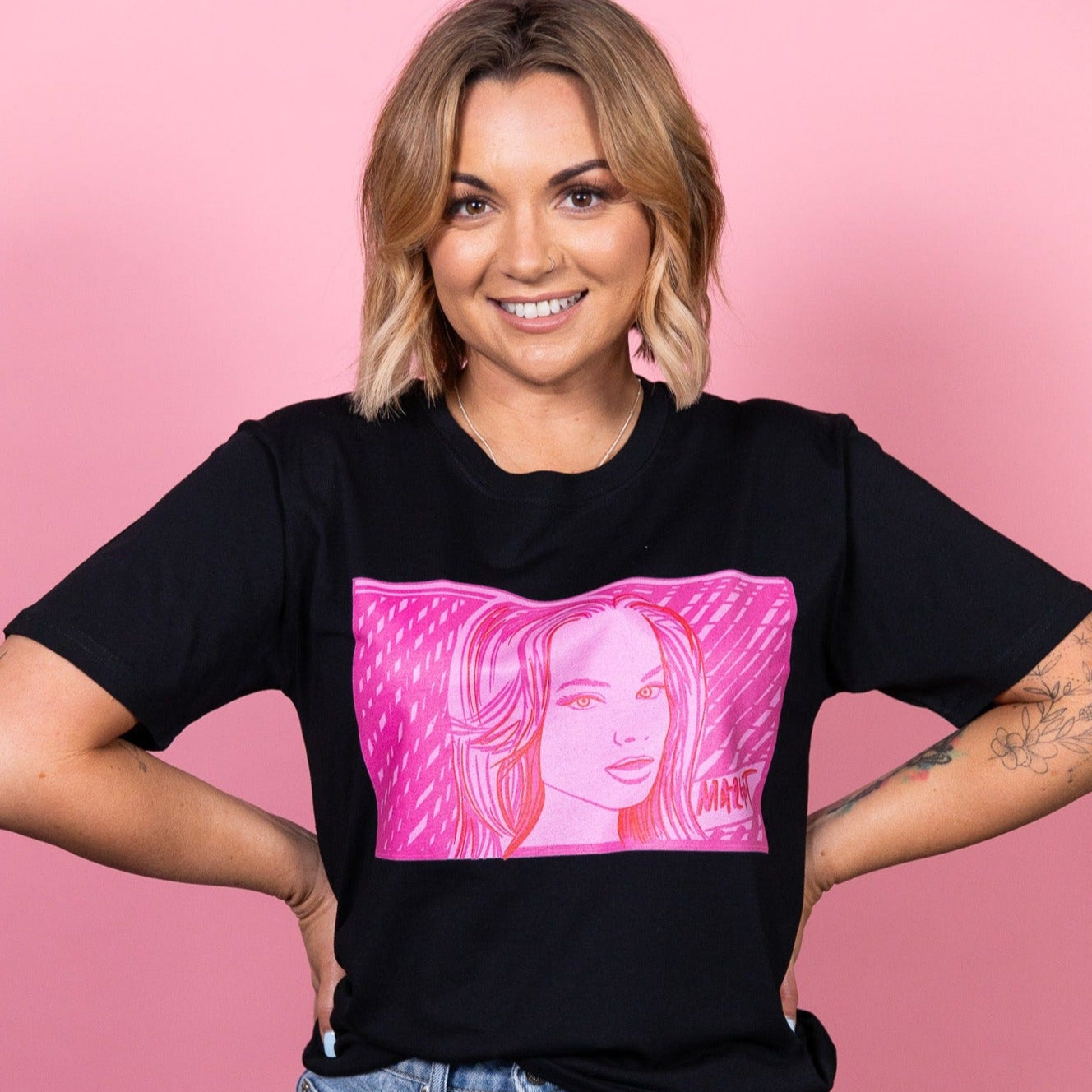 Margot Robbie Pink Black T shirt. High Tees Australia. ©High Tees
