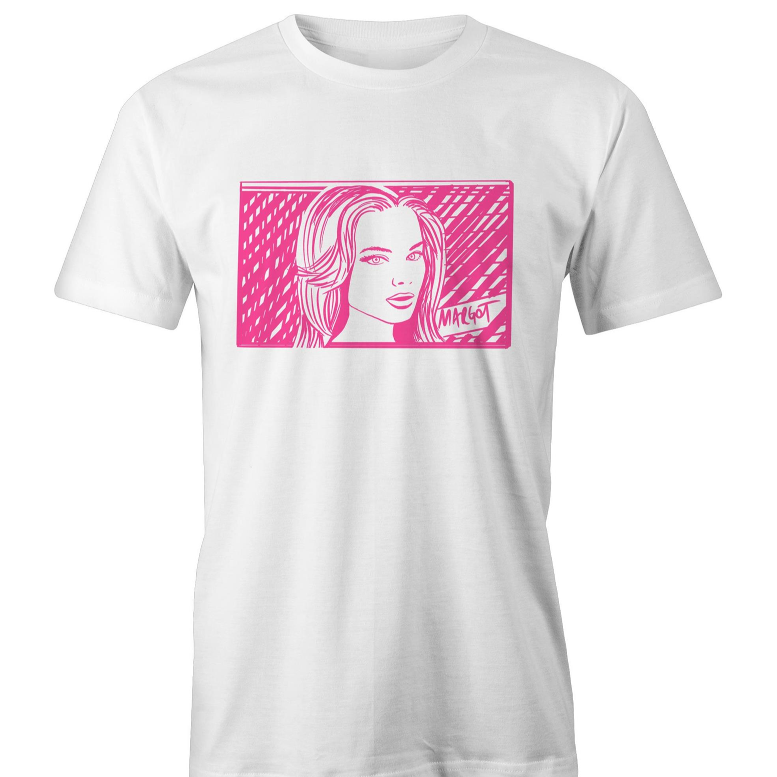 Margot Robbie Pink White T shirt. High tees Australia. ©High Tees