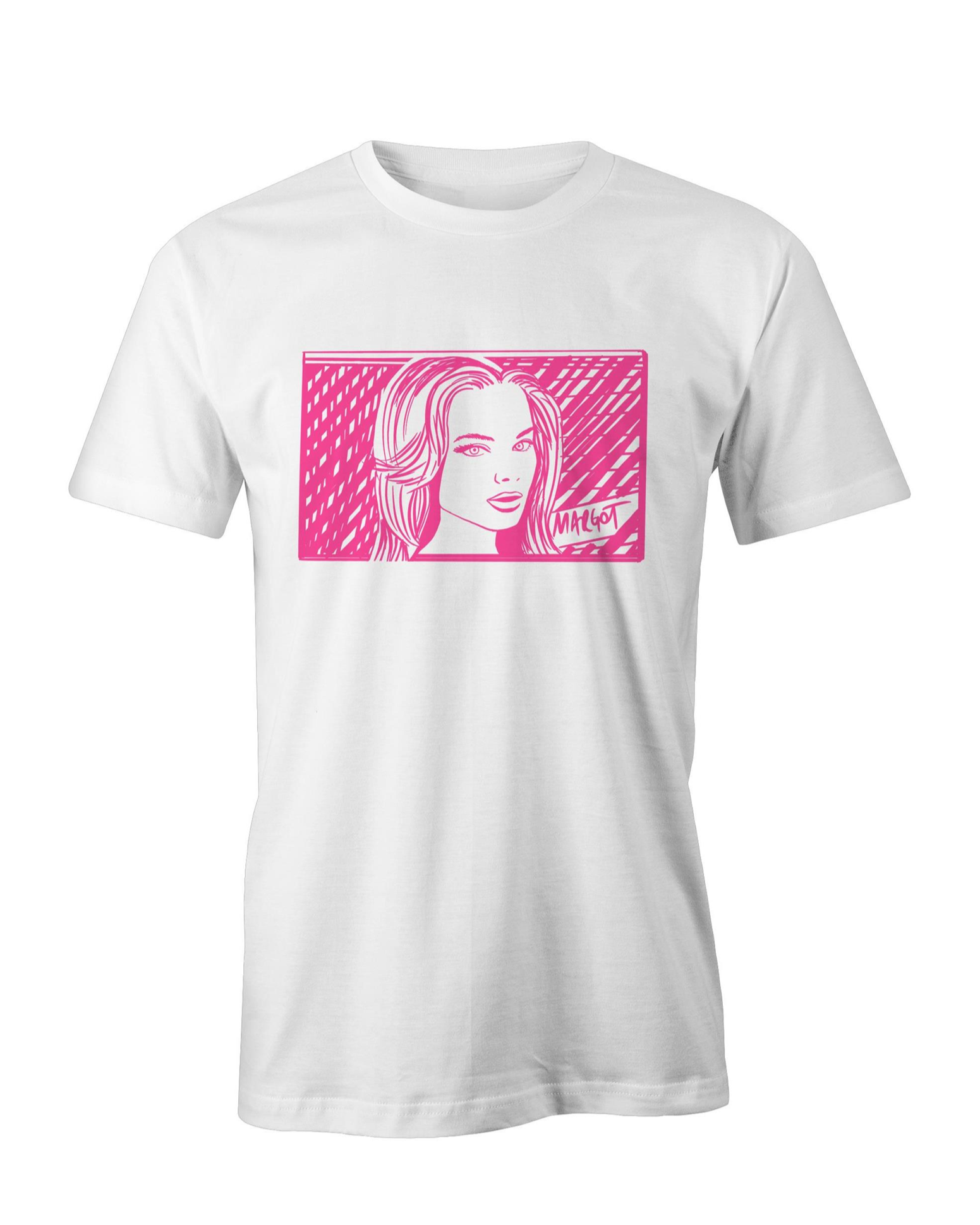 Margot Robbie Pink White T shirt. High tees Australia. ©High Tees