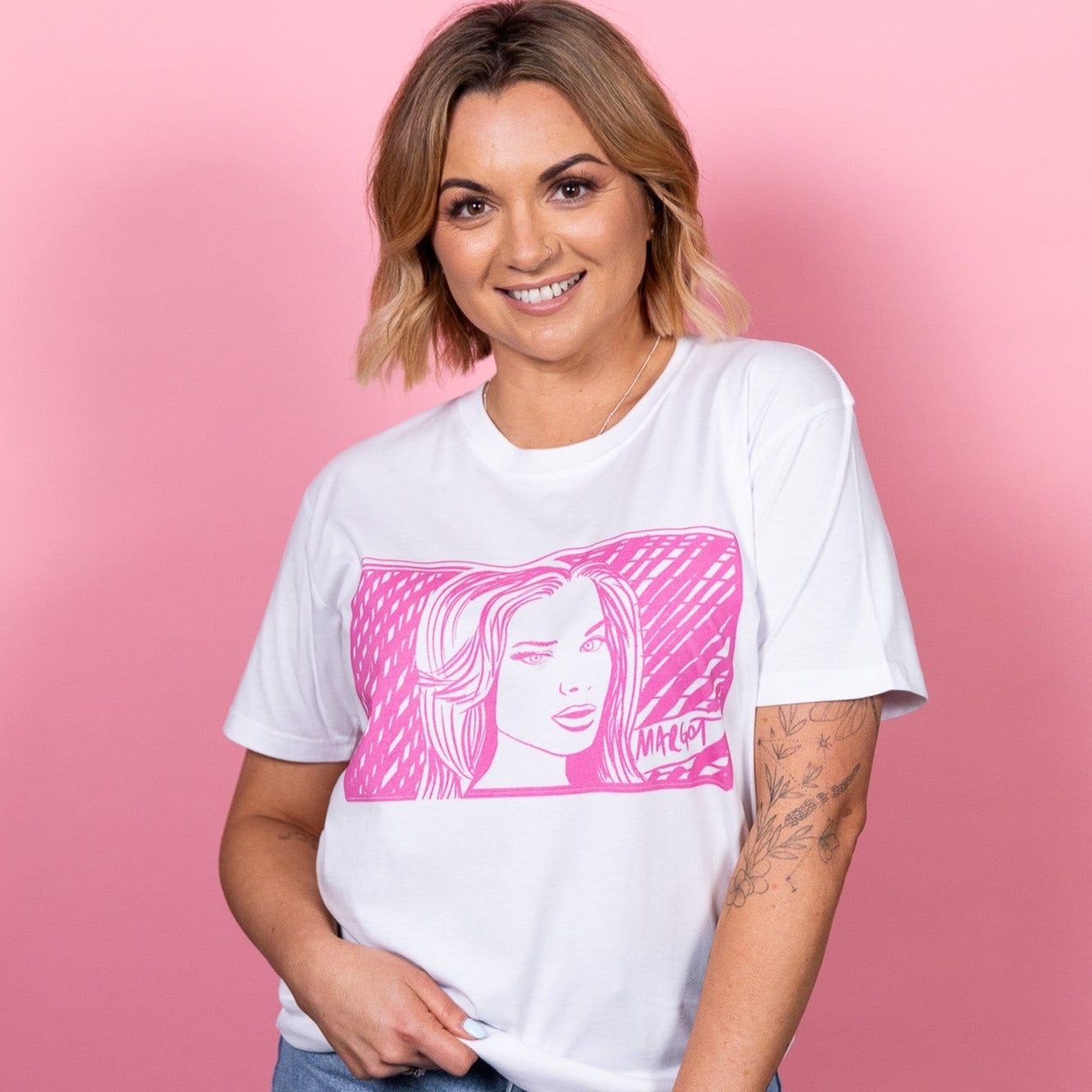 Margot Robbie Pink White T shirt. High Tees Australia. ©High Tees