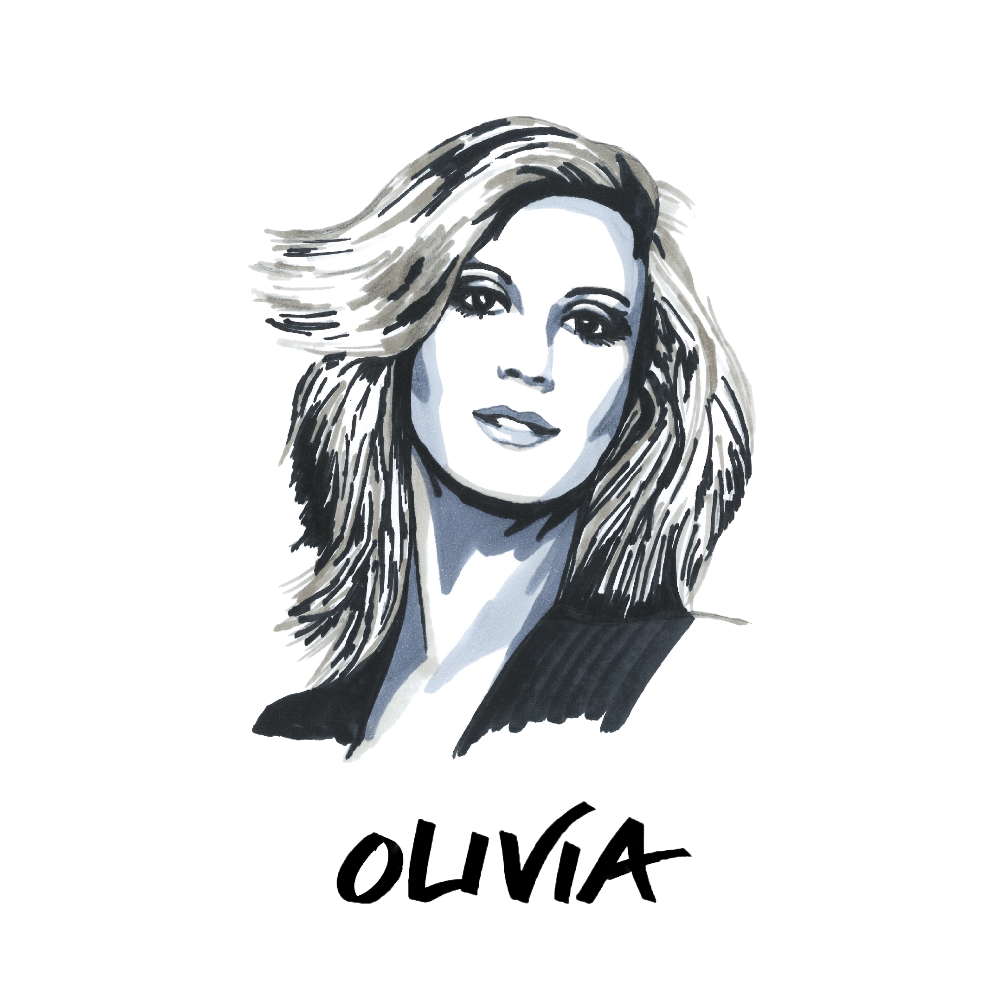 Olivia Newton John drawing. High Tees Australia. ©High Tees