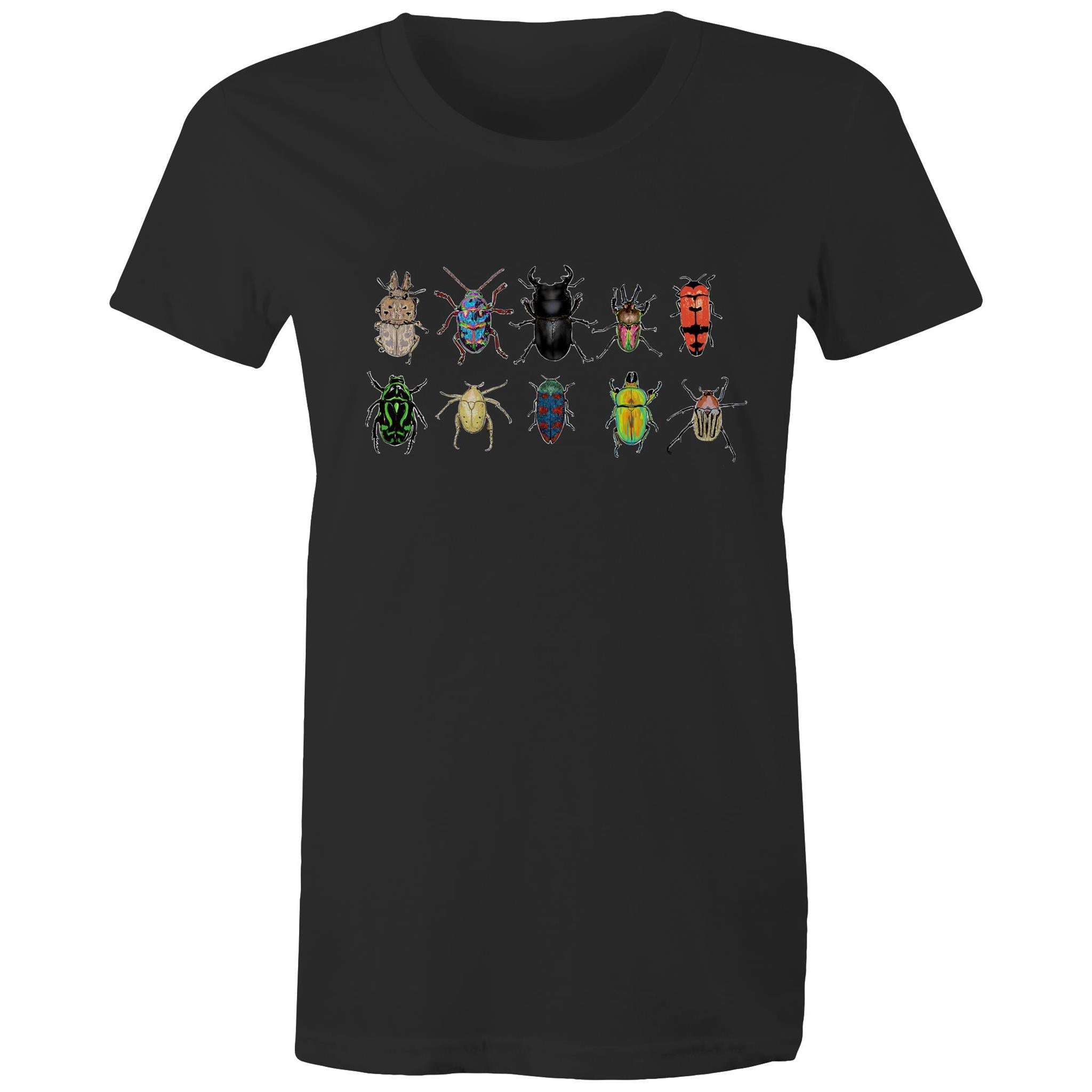 10 Australian beetles printed on 100% organic cotton women's t shirt. 