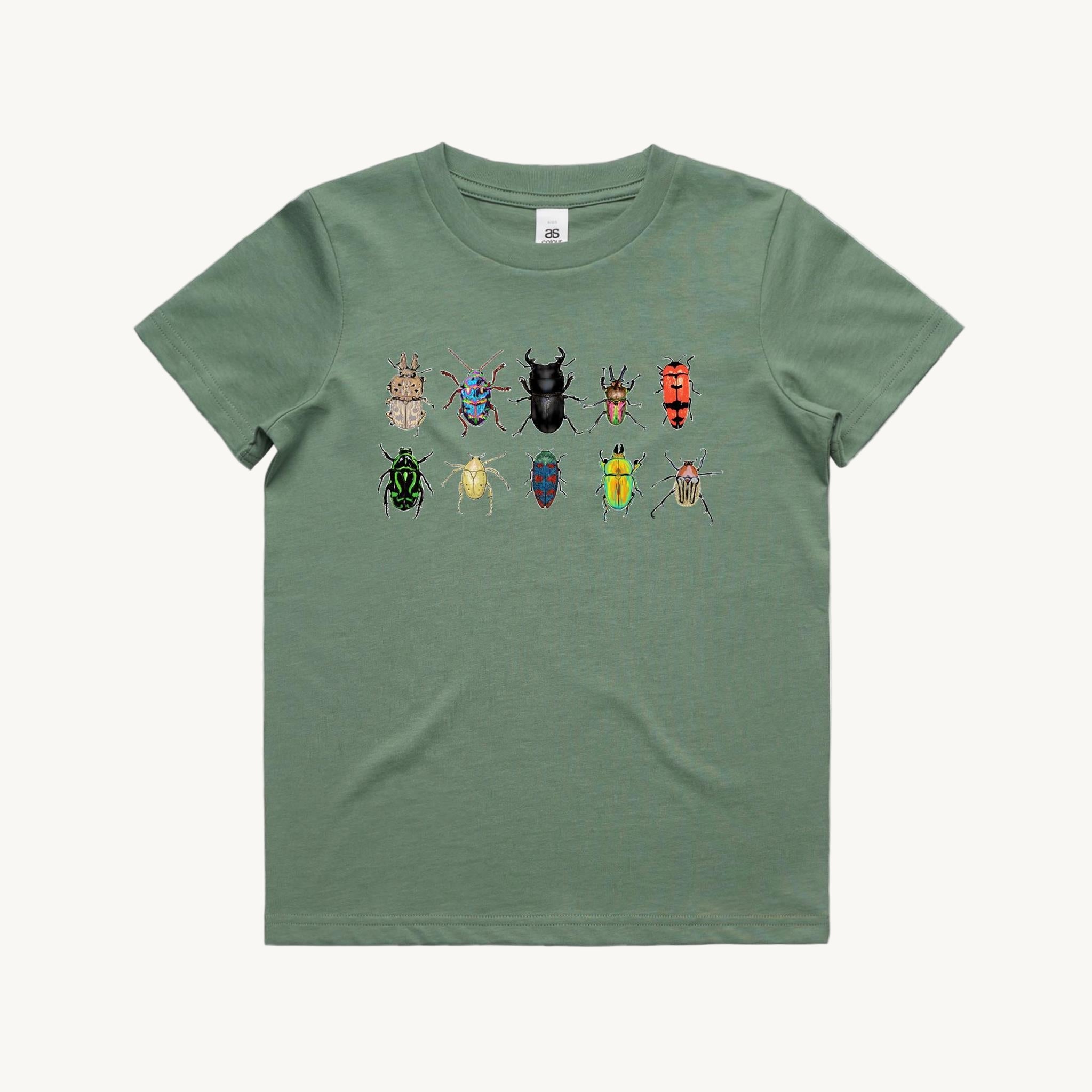 The Beetles Kids Tshirt Green by High Tees. 10 Australian beetles drawn by High Tees. 