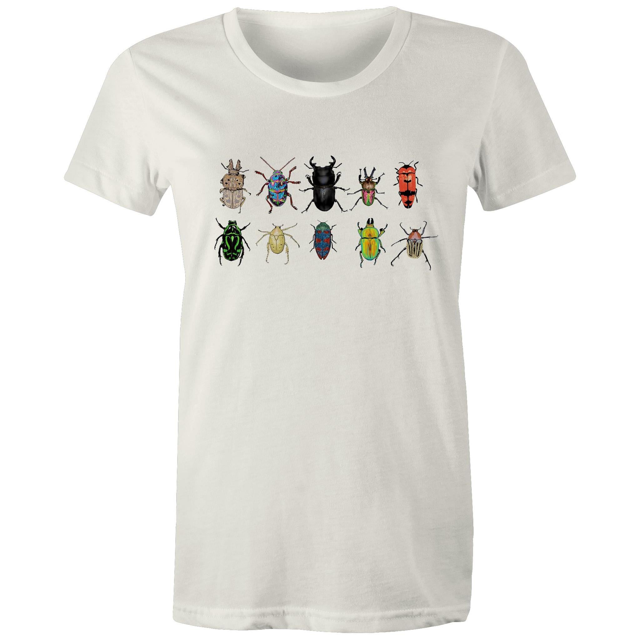 10 Australian beetles printed on 100% organic cotton women's t shirt. 