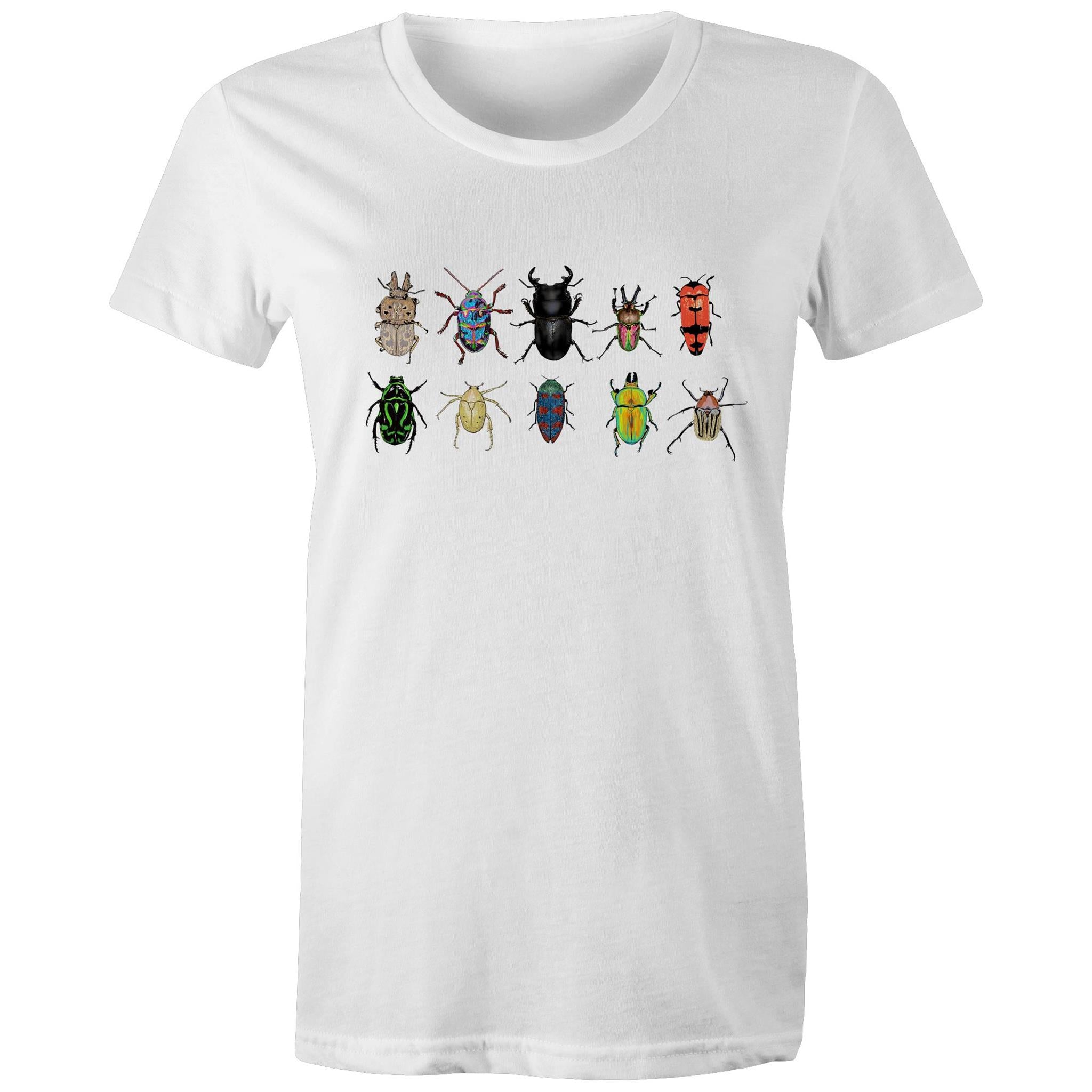 10 Australian beetles printed on 100% organic cotton women's t shirt. 