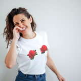 Woman wearing the High Tees Warratah T shirt. 