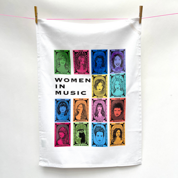 Women in Music - 14 portraits of Australian female artist printed in bright colours on 100% organic cotton tea towel