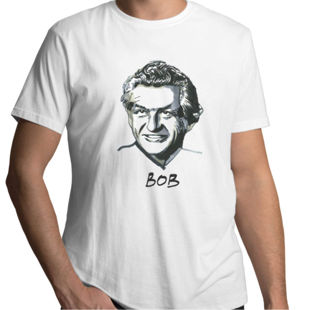 Man wearing the High Tees Bob Hawke T shirt, 100% organic cotton unisex t shirt. Ethically sourced. Designed and printed in Melbourne, Australia. 