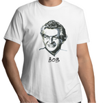 Man wearing the High Tees Bob Hawke T shirt, 100% organic cotton unisex t shirt. Ethically sourced. Designed and printed in Melbourne, Australia. 