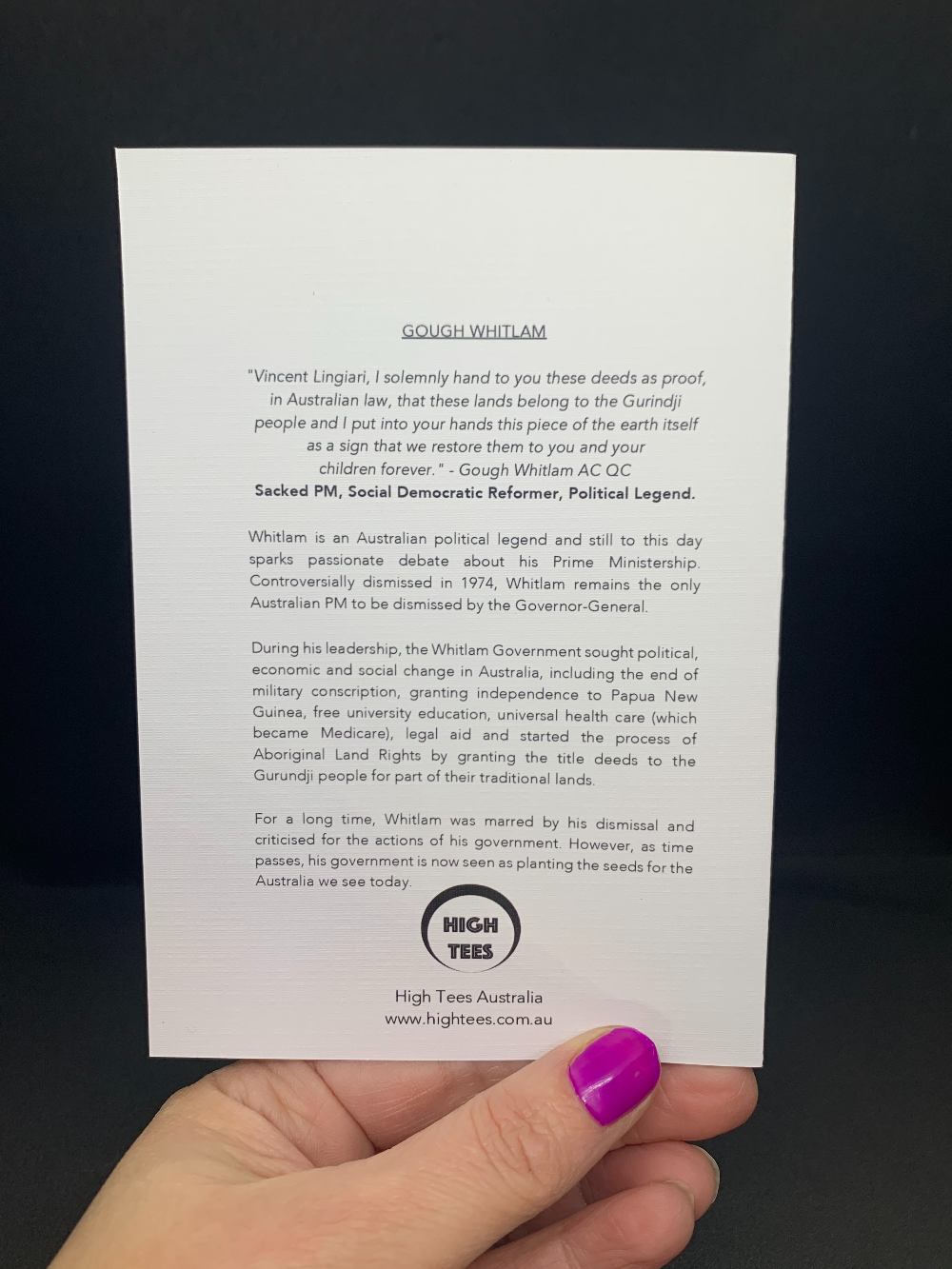 Gough Whitlam Back of Card by High Tees