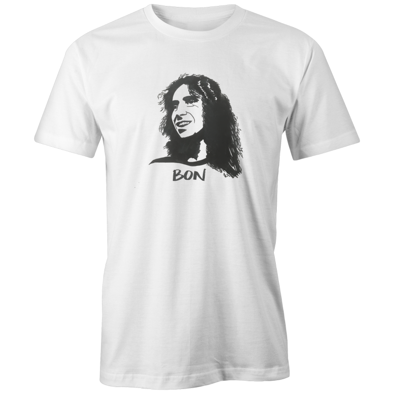 High Tees white unisex t shirt featuring Bon Scott portrait